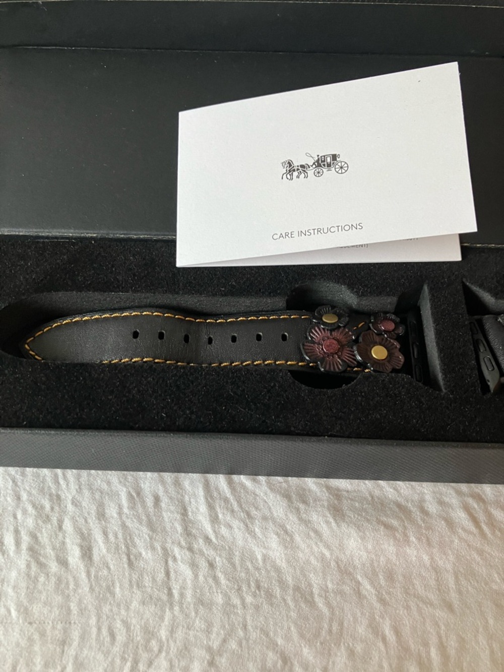 Coach: 2016 Black Leather Tea Rose Appliqué Apple Watch Band- 38mm-40mm- IOB - Picture 7 of 12